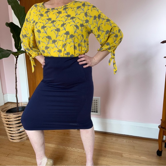 Thyme & Honey Navy Woven Cotton Blend Pencil Midi Skirt Elastic Waist - Picture 7 of 13